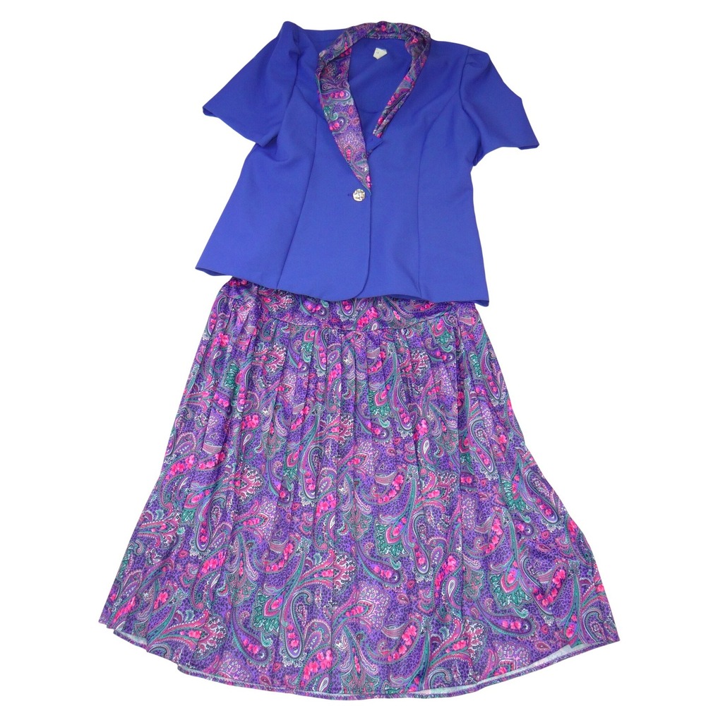 Vintage 80s Purple Paisley Skirt Set‎ Short Sleeve Blazer Midi Skirt USA Size 14